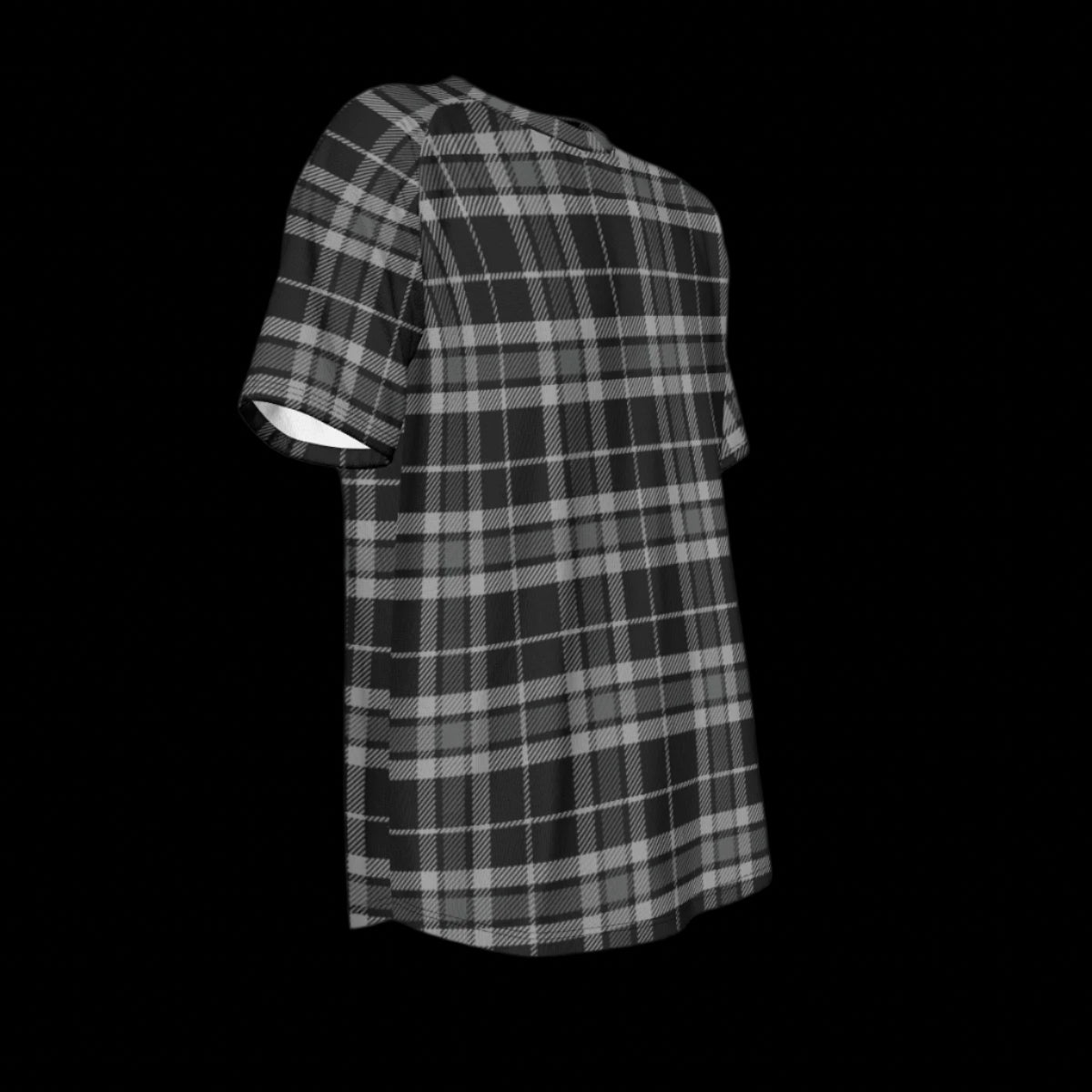 Right side of black and white plaid T-shirt on a black background
