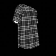 Right side of black and white plaid T-shirt on a black background