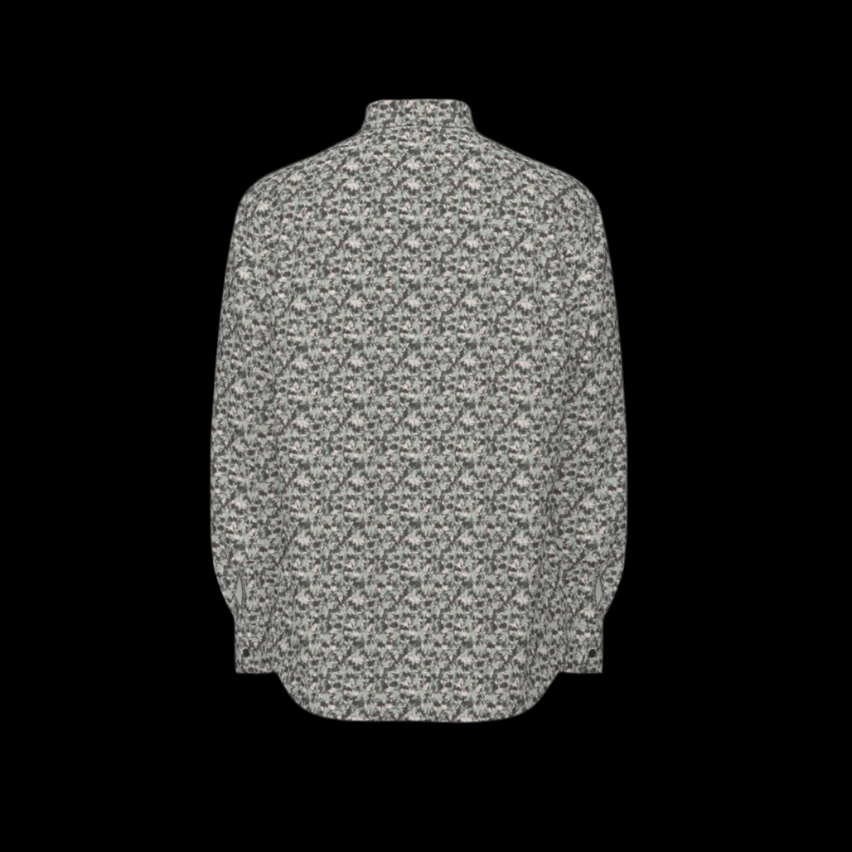 Back of floral patterned long sleeve shirt on a black background