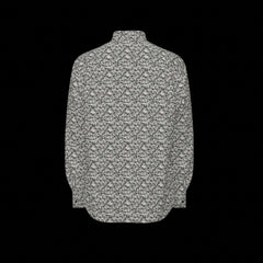 Back of floral patterned long sleeve shirt on a black background