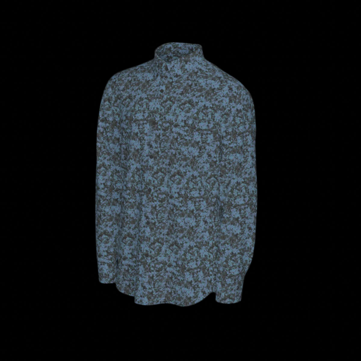 Left side of a blue camouflage long sleeve shirt on a black background