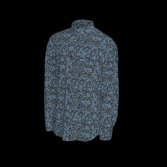 Left side of a blue camouflage long sleeve shirt on a black background
