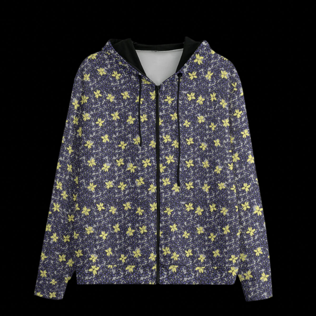 Front of a black zipper hoodie with a floral pattern on a black background
