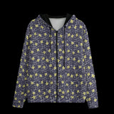 Front of a black zipper hoodie with a floral pattern on a black background