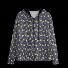 Front of a black zipper hoodie with a floral pattern on a black background