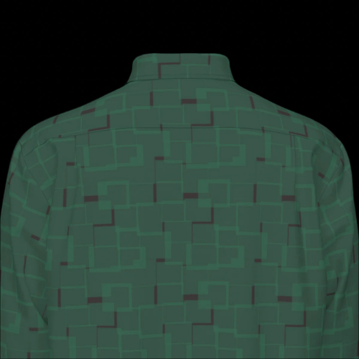 Top back of a green patterned long sleeve shirt on a black background
