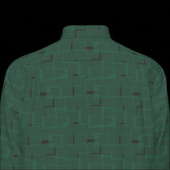 Top back of a green patterned long sleeve shirt on a black background