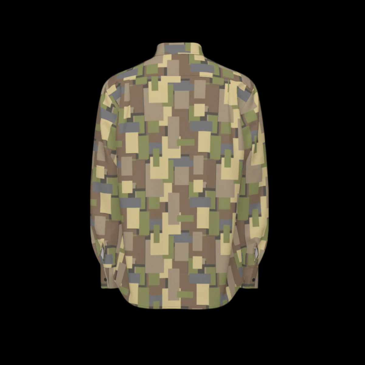 Back of a camouflage-patterned long sleeve shirt on a black background