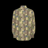 Back of a camouflage-patterned long sleeve shirt on a black background