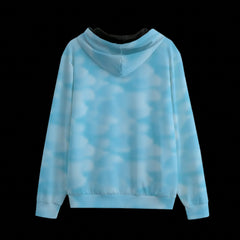 Back of blue hoodie with black drawstrings on a black background