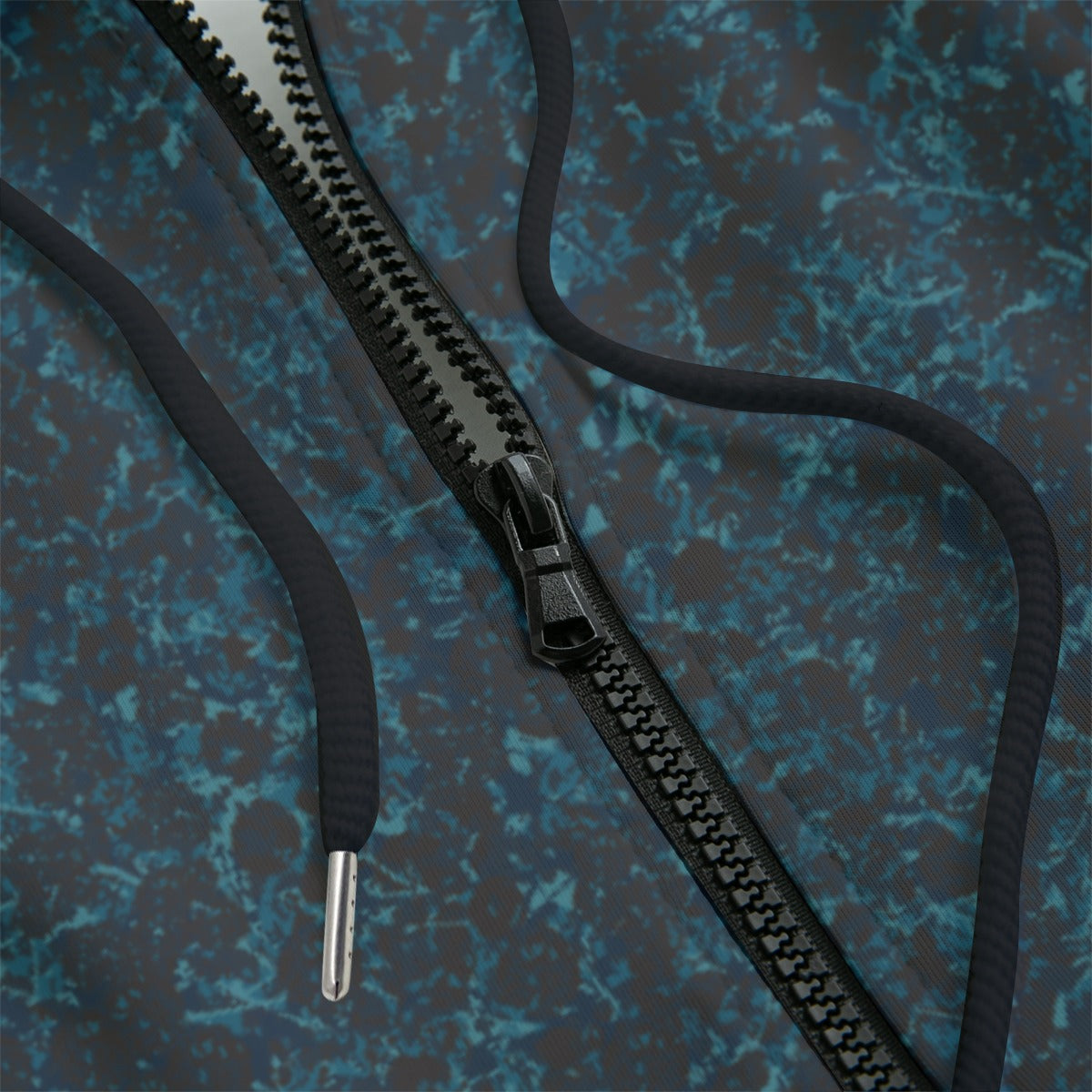 Front detail of black zippered hoodie with  a blue design on a black background