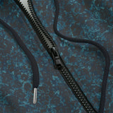 Front detail of black zippered hoodie with  a blue design on a black background
