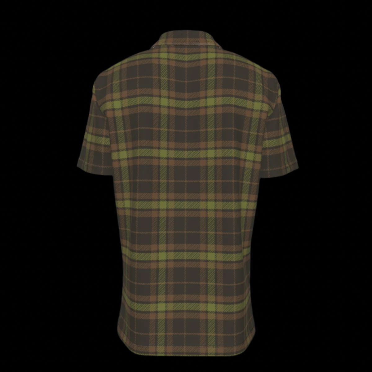 Back of green and brown plaid shirt on a black background