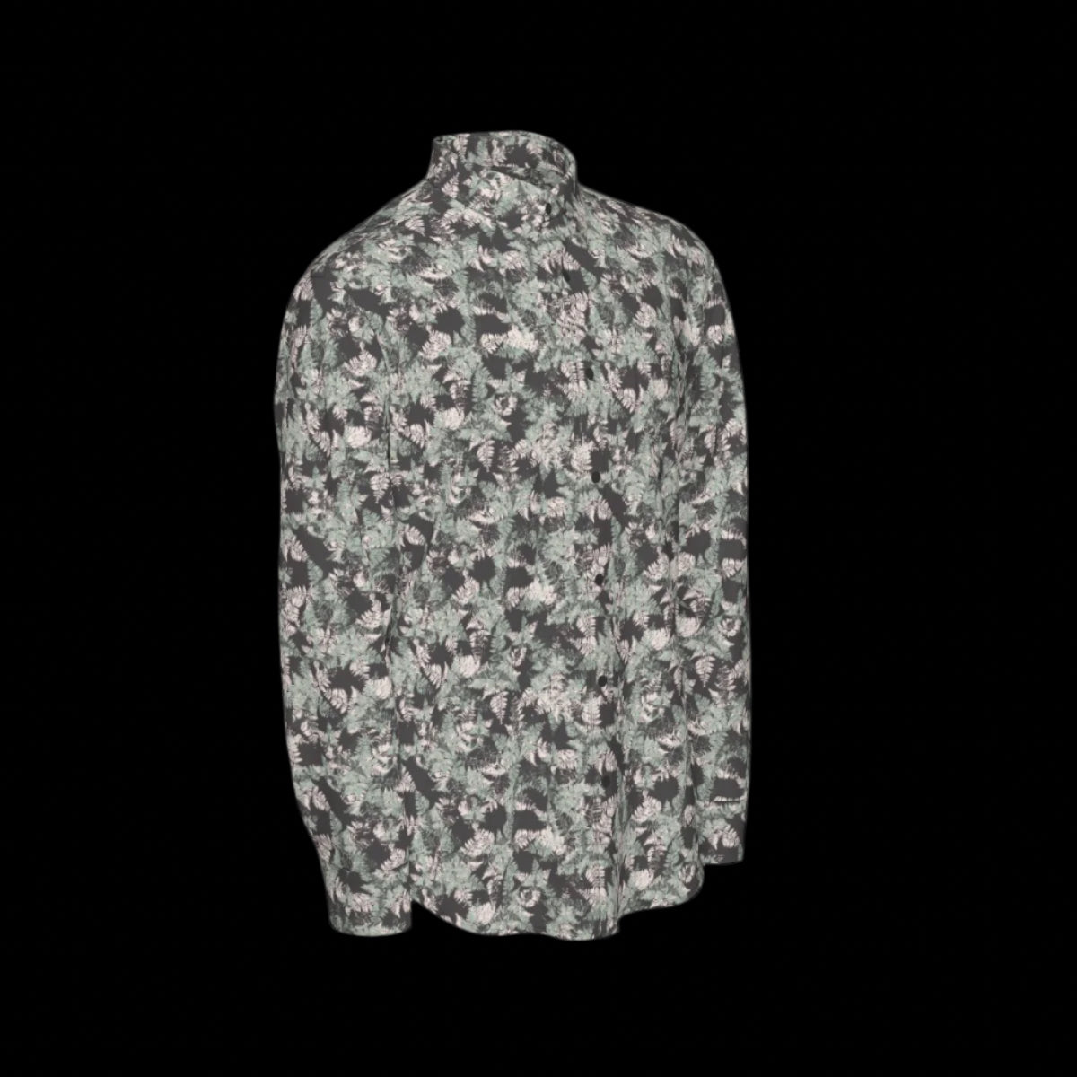 Right of floral patterned long sleeve shirt on a black background