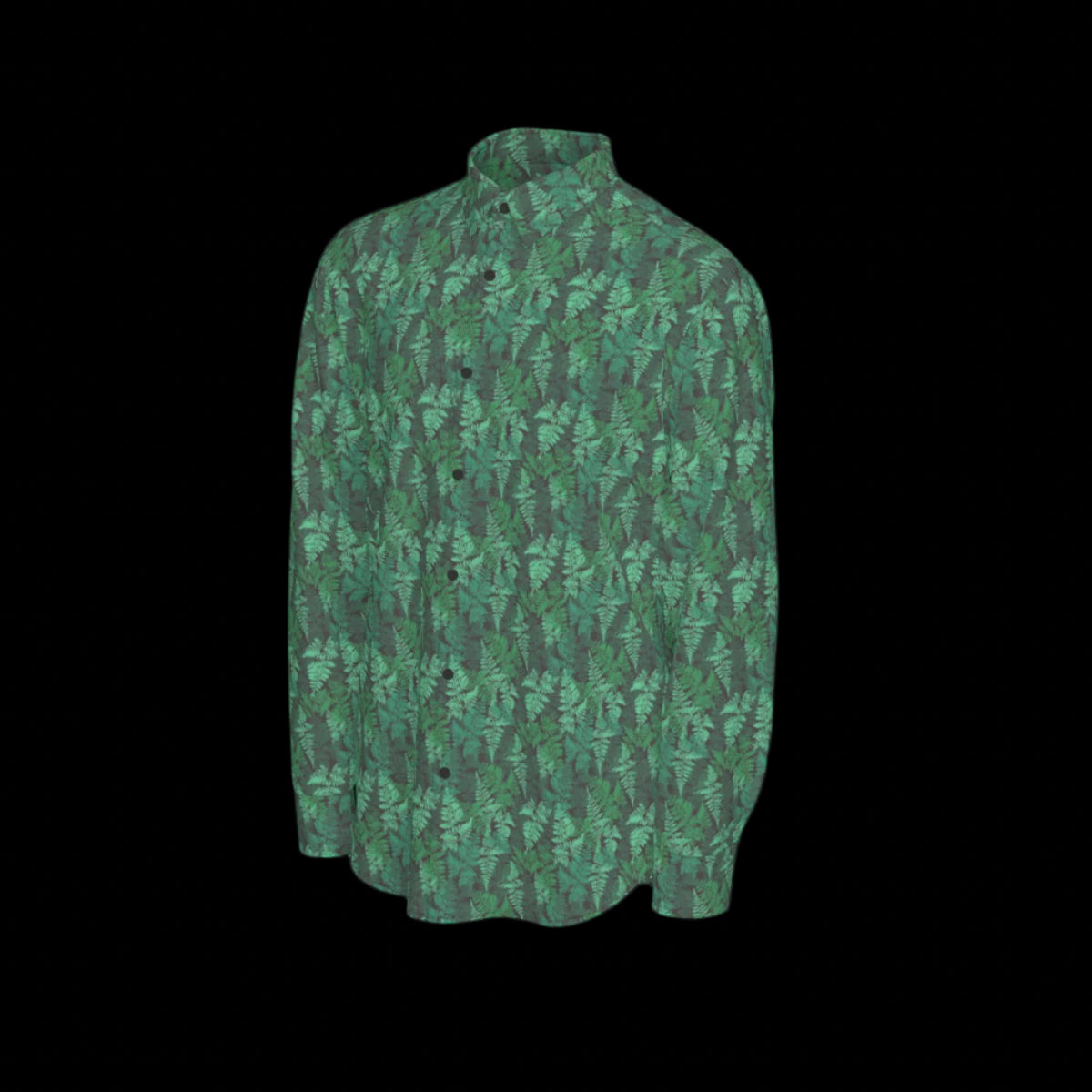 Left side of a green camouflage-patterned long sleeve shirt on a black background
