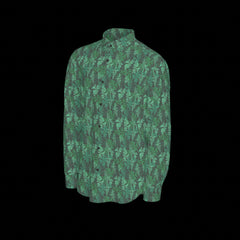 Left side of a green camouflage-patterned long sleeve shirt on a black background