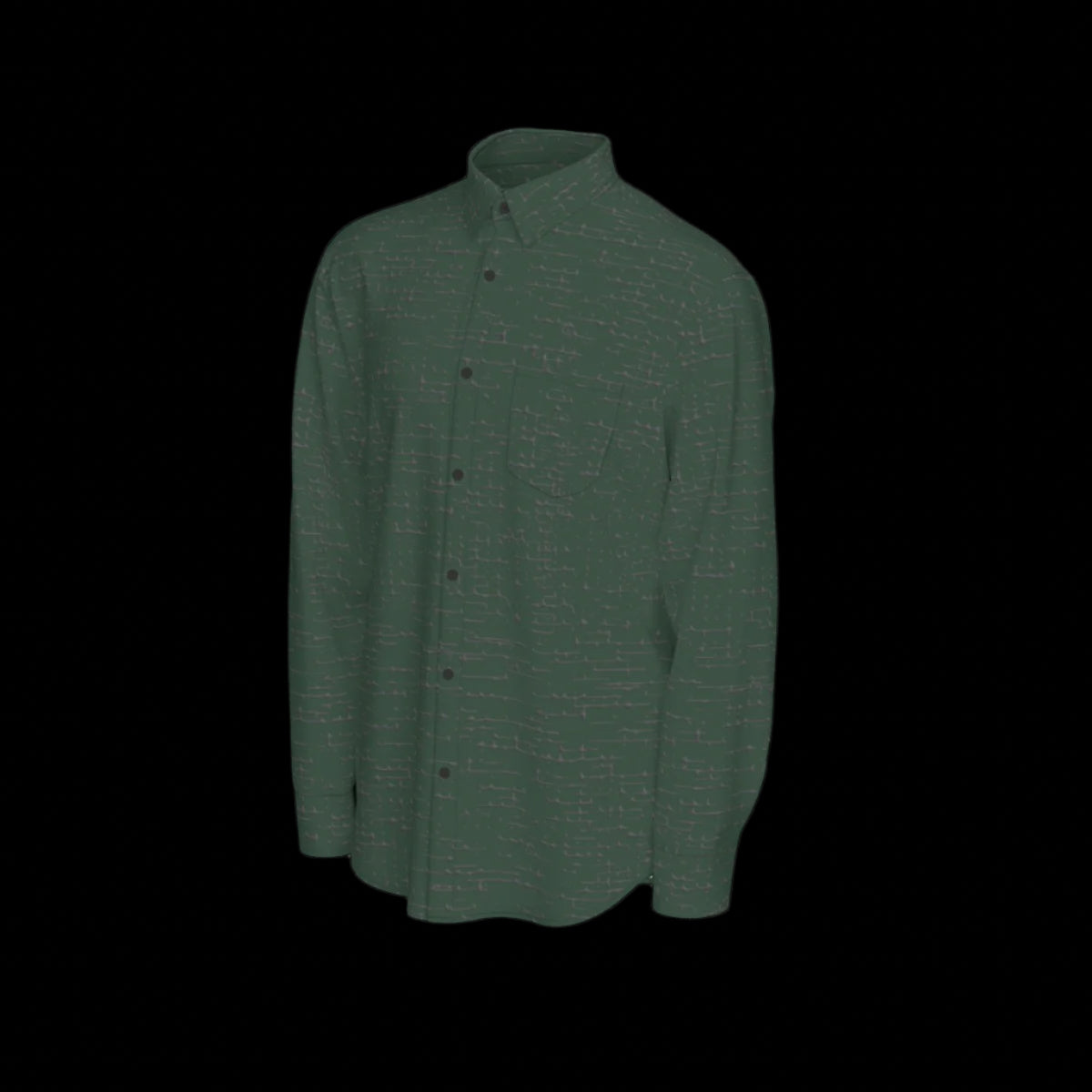 Left side of a green long sleeve shirt on a black background