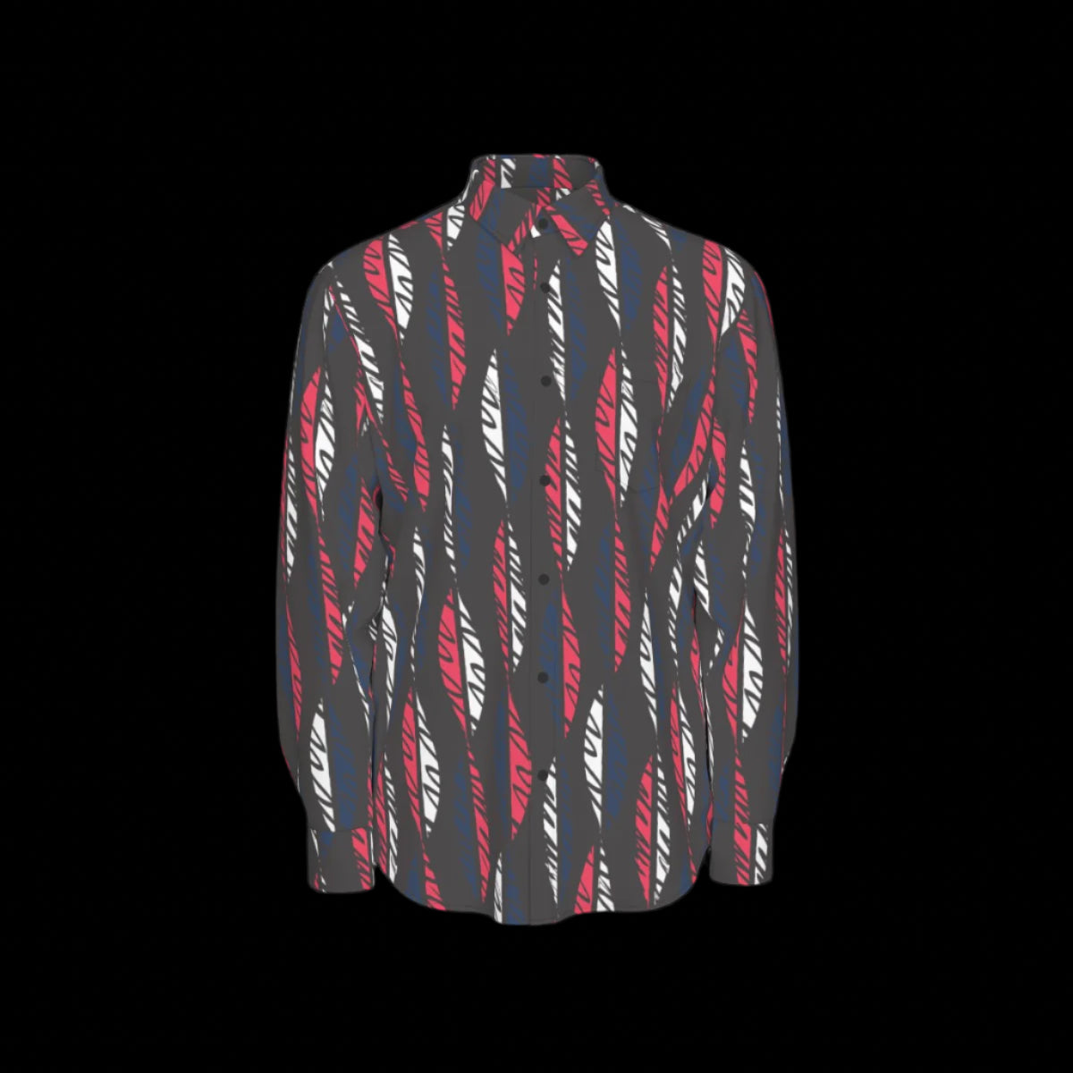 Front of black shirt with red and white pattern on a black background