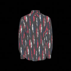Front of black shirt with red and white pattern on a black background