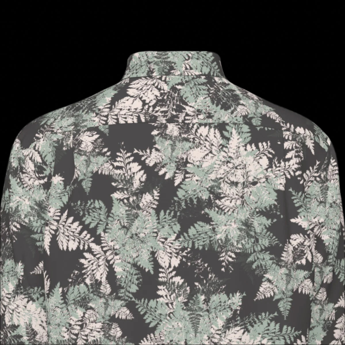 Top back of floral patterned shirt on a black background