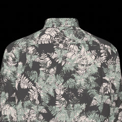 Top back of floral patterned shirt on a black background