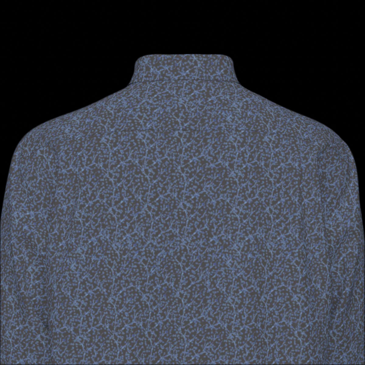 Top back of a green plaid long sleeve shirt on a black background