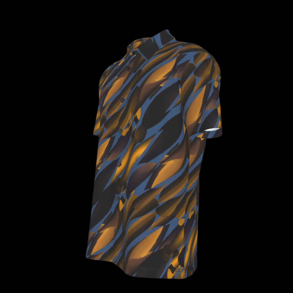 Left side of short-sleeve shirt with a black and orange abstract pattern on a black background