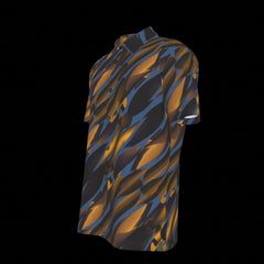 Left side of short-sleeve shirt with a black and orange abstract pattern on a black background