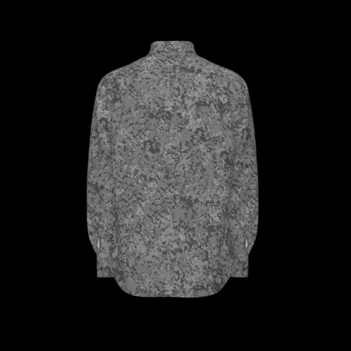 Back of a gray patterned long sleeve shirt on a black background