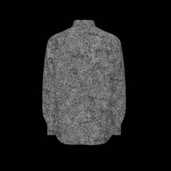 Back of a gray patterned long sleeve shirt on a black background
