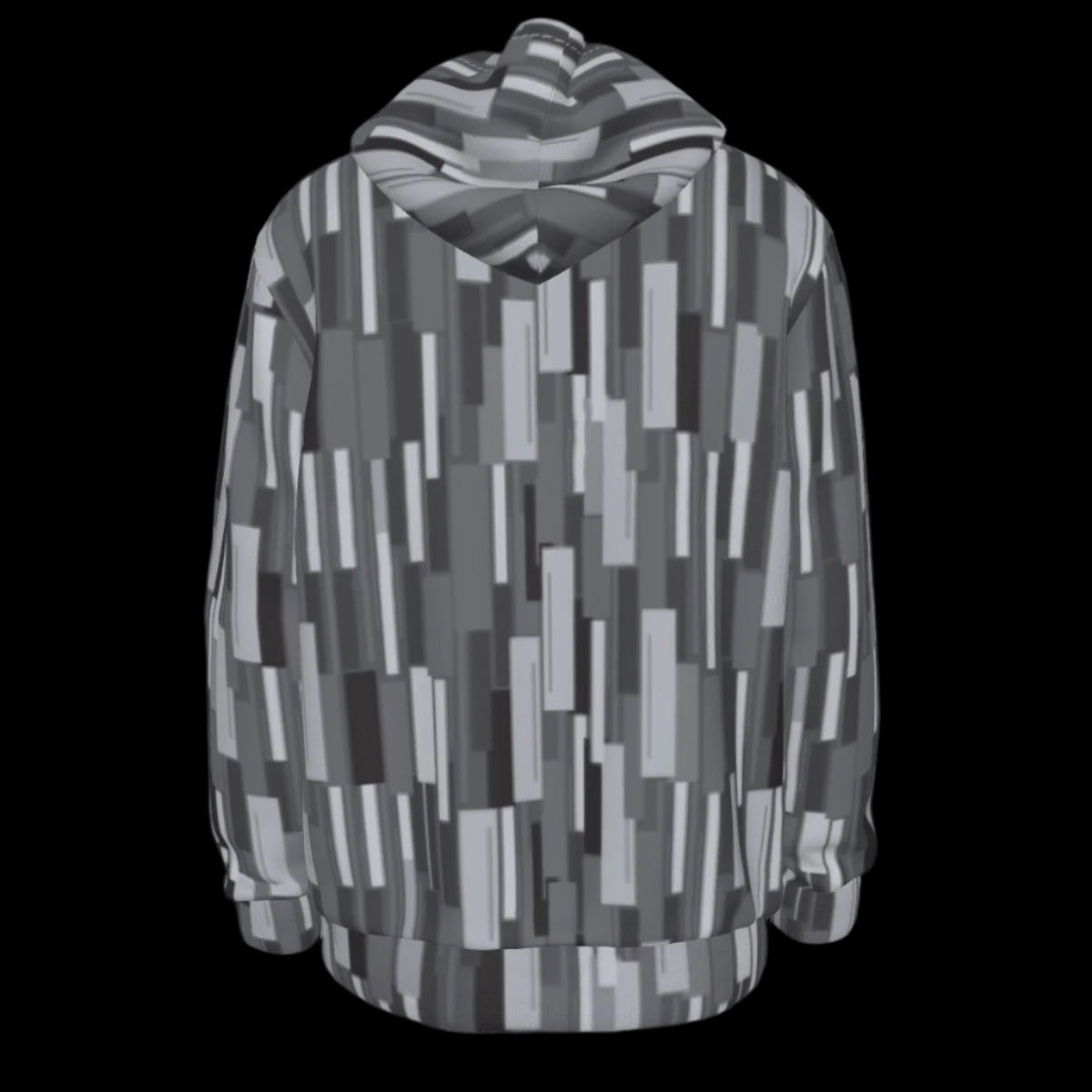 Back of gray patterned jacket on a black background