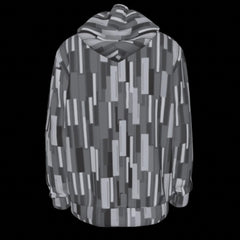 Back of gray patterned jacket on a black background
