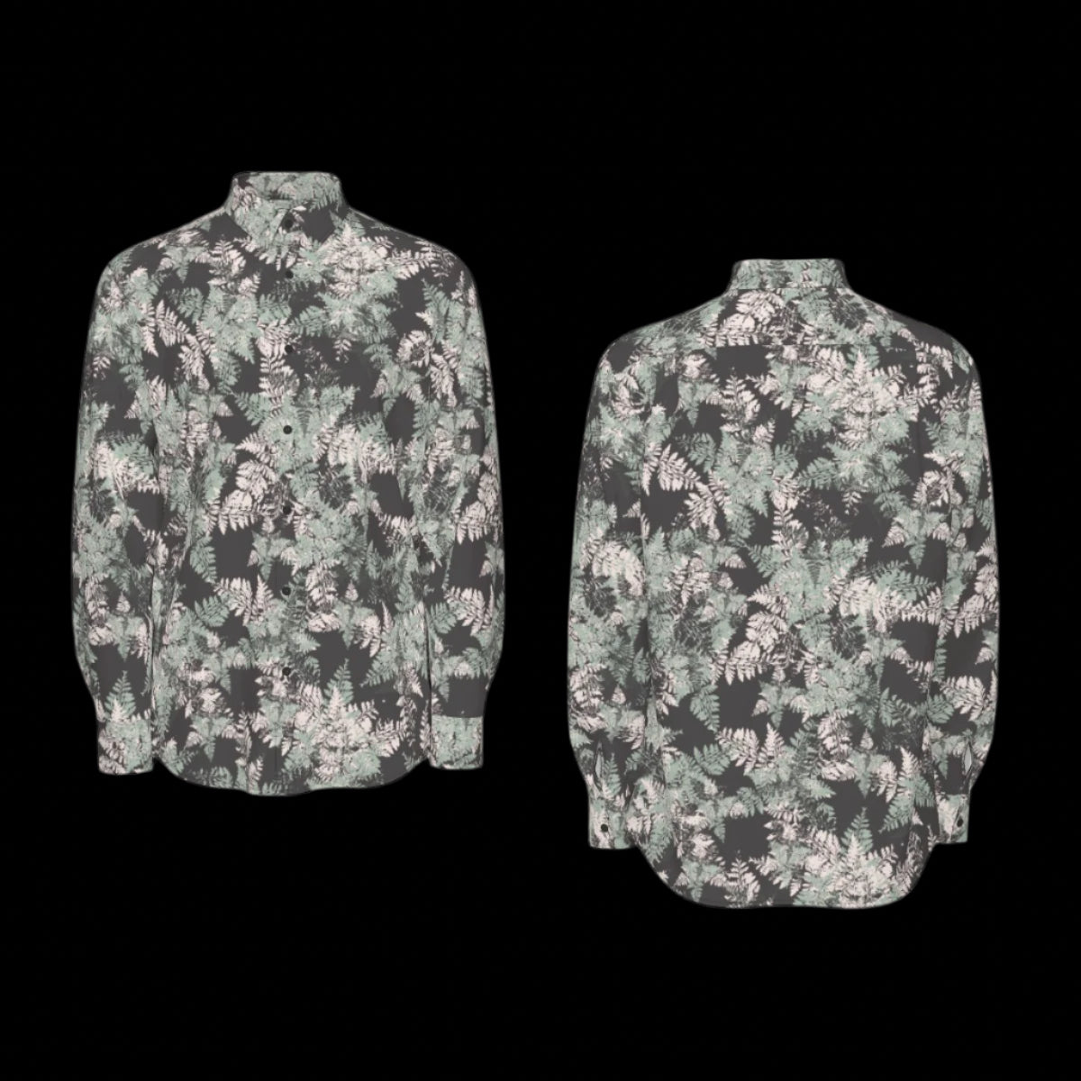 Front and back of floral patterned shirt on a black background