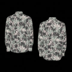 Front and back of floral patterned shirt on a black background