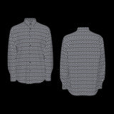 Front and back of black and white patterned shirt on a black background
