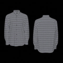 Front and back of black and white patterned shirt on a black background
