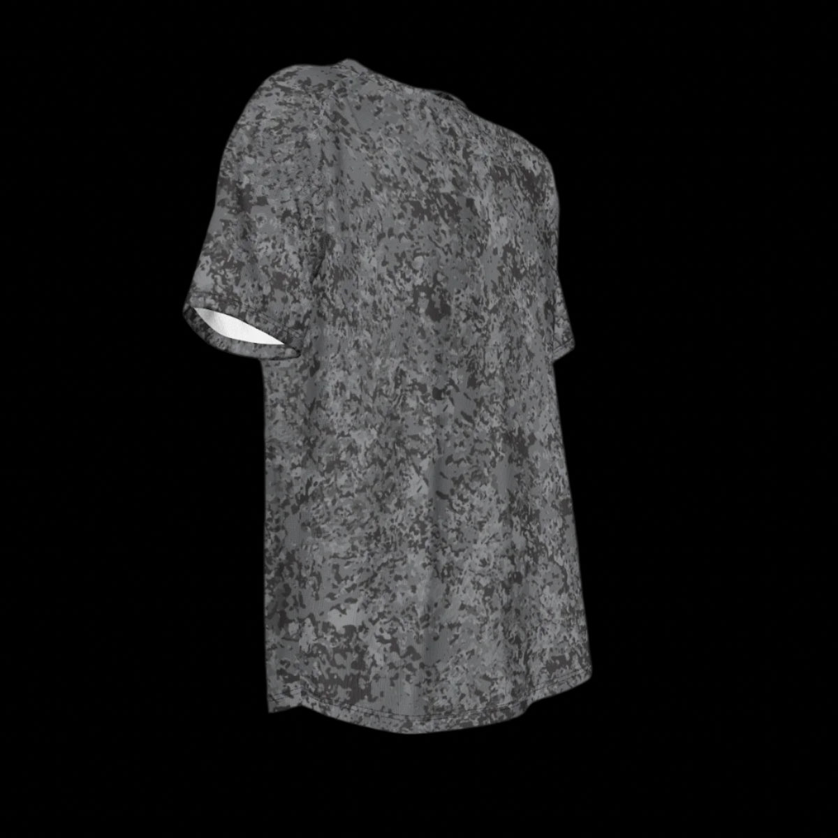 Right side of gray t-shirt with a subtle pattern on a black background