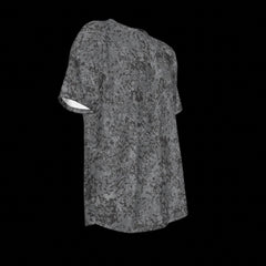 Right side of gray t-shirt with a subtle pattern on a black background