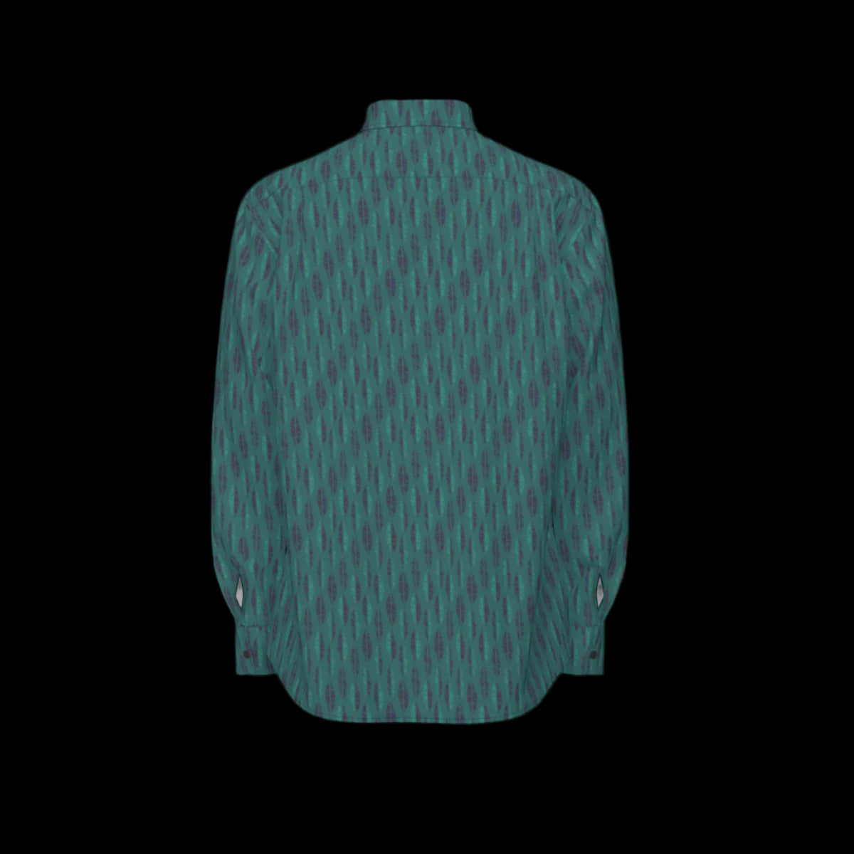 Back of green patterned long-sleeved shirt on a black background
