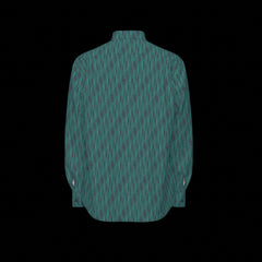 Back of green patterned long-sleeved shirt on a black background