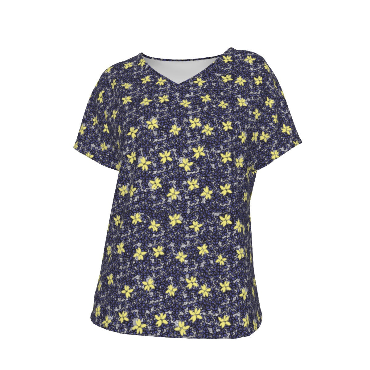 All-Over Women's V-Neck Short Sleeve T-shirt / Blue Yellow Floral Bouquet Design
