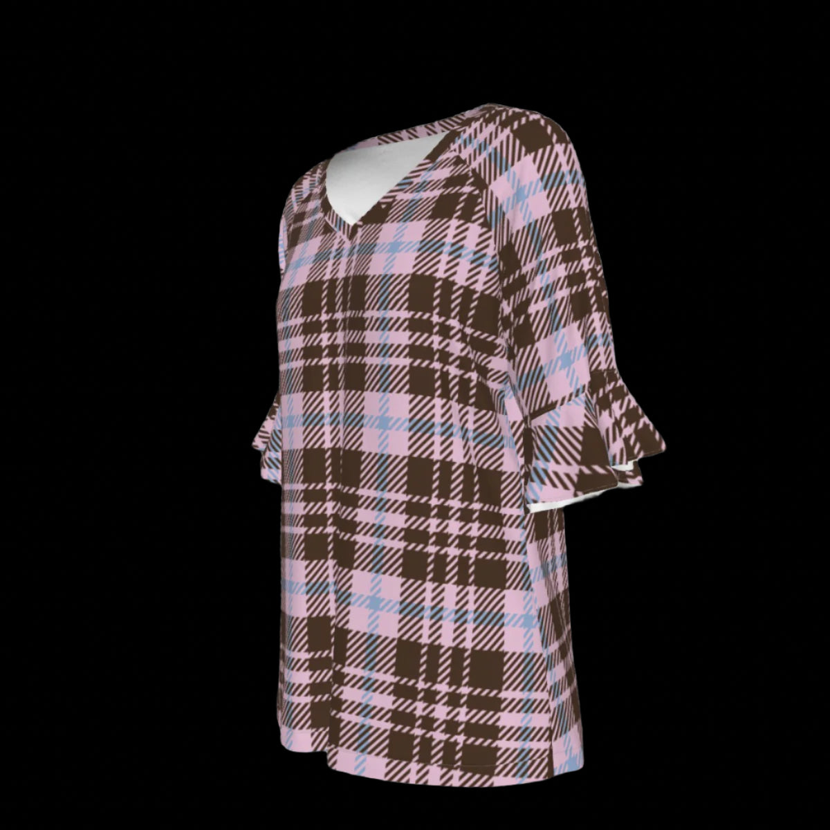 Left side of plaid patterned blouse with ruffled sleeves on a black background