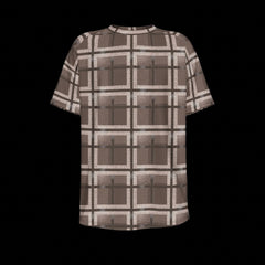 Front of plaid shirt with brown and beige pattern on a black background