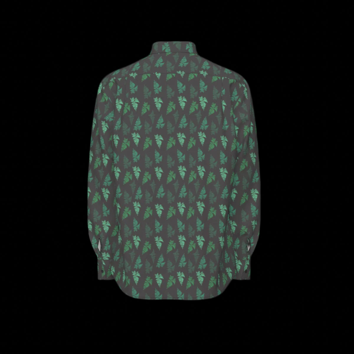Back of green and black patterned long sleeve shirt on a black background