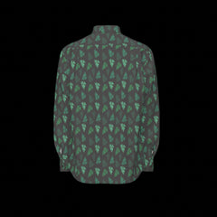 Back of green and black patterned long sleeve shirt on a black background