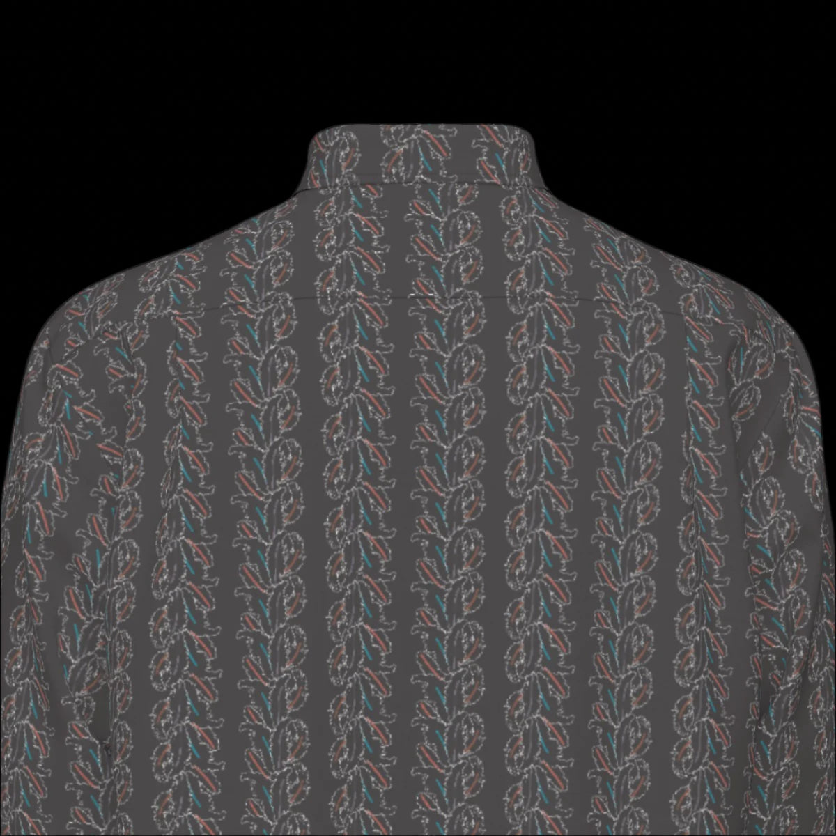 Top back of a gray patterned short sleeve shirt on a black background