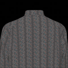 Top back of a gray patterned short sleeve shirt on a black background
