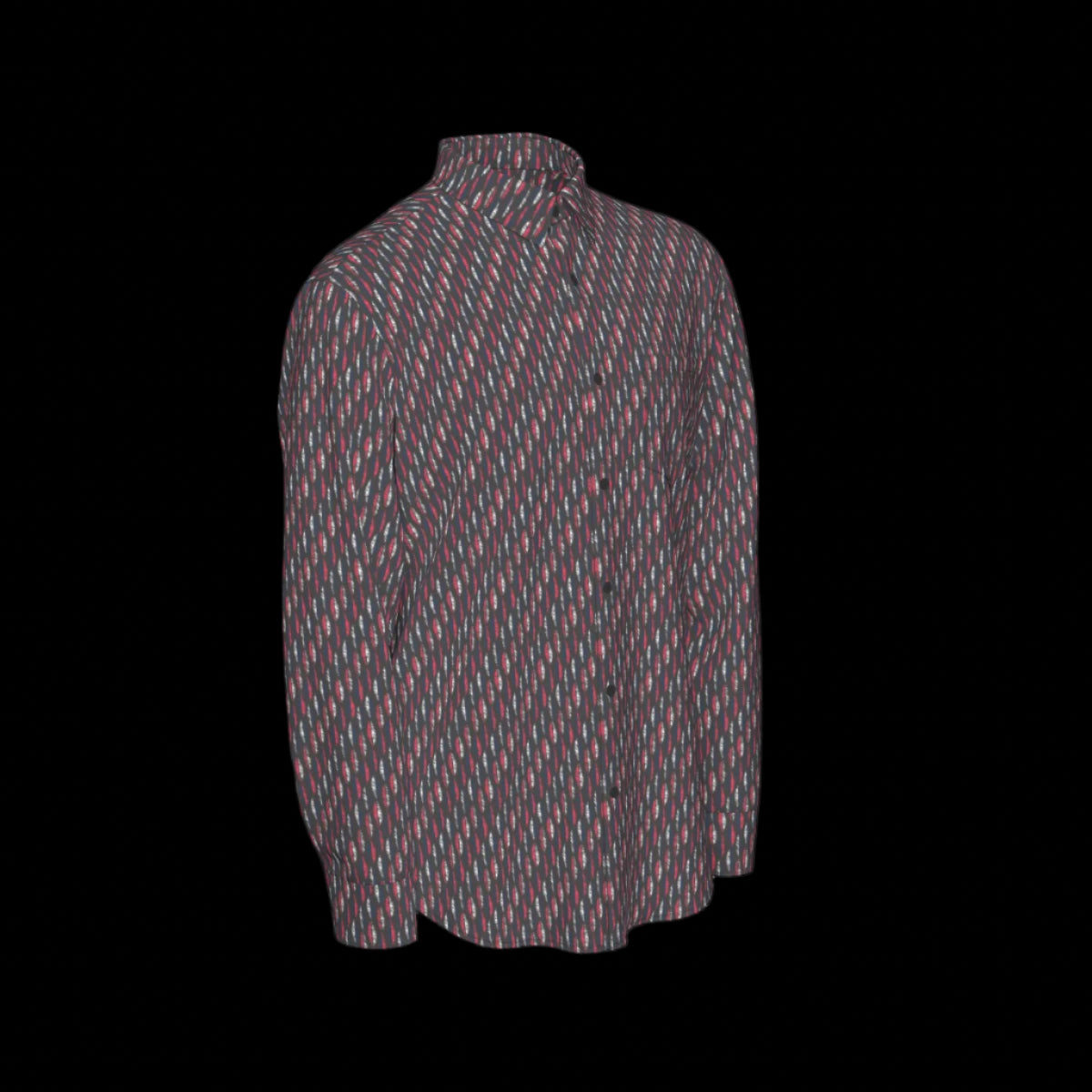 Right side of patterned long sleeve shirt on a black background