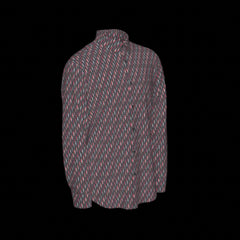 Right side of patterned long sleeve shirt on a black background