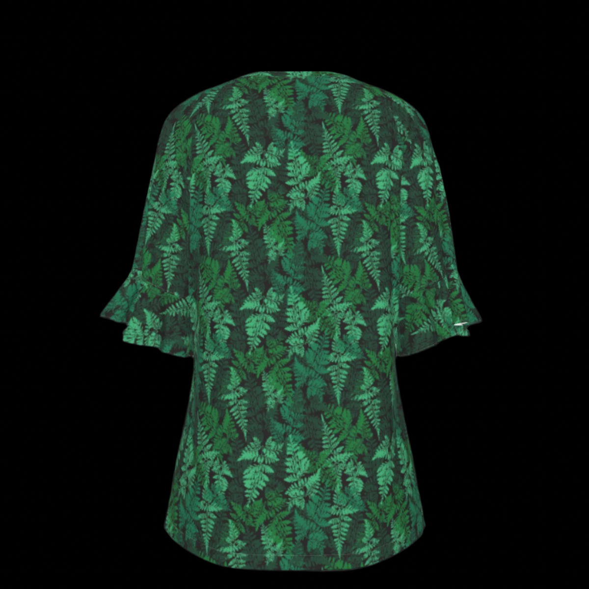 Back of green leaf-patterned blouse on a black background